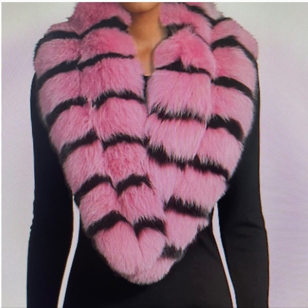 Pink and Black Striped Faux Fur Scarf Wrap